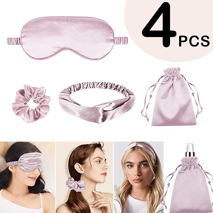 4Pcs Silk Sleep Masks Satin Eye Mask Silky Eyes Cover Blindfold Eyeshade Headband Scrunchies Pouch Bags Bridesmaid Gifts
