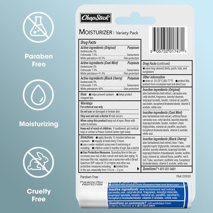 ChapStick Lip Balm Moisturizer 2-in-1 Lipcare SPF 15 Bundle – Original, Black Cherry, and Cool Mint, 0.15 Oz Ea (5 Piece Set)