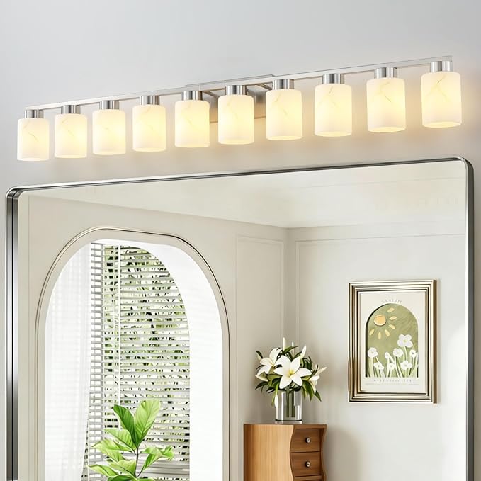 10-Light Bathroom Light Fixtures, Modern Vanity Lights, Brushed Nickel Metal Wall Lamp with White Marble Glass for Bathroom, Mirror, Living Room, Bedroom, Cabinet, Porch, Hallway, E26 Base