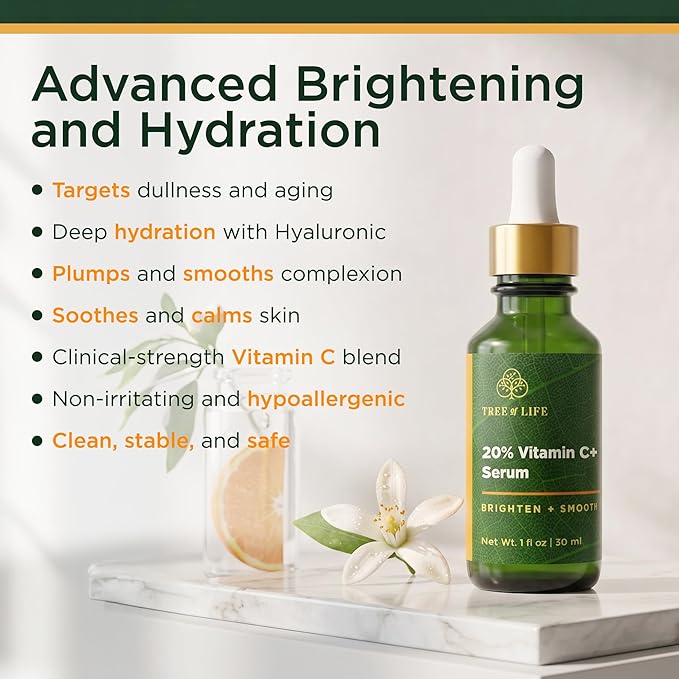Tree of Life 20% Vitamin C+ Serum For Face with Vitamin E - Brightening & Hydrating Face Serum for Dark Spots, Fine Lines & Anti Aging - Dermatologist Tested, 1 Fl Oz - Mothers Day Gifts