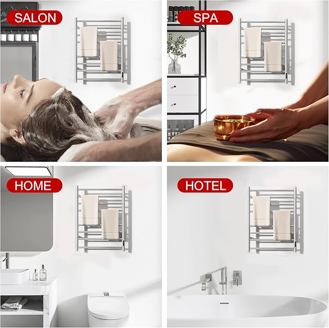 Heated Towel Racks for Bathroom, Wall Mounted Electric Towel Warmer Racks with Timer & Temperature Control, 8 Bar Stainless Steel Towel Heater for Bathroom, Brushed Silver, Plug-in