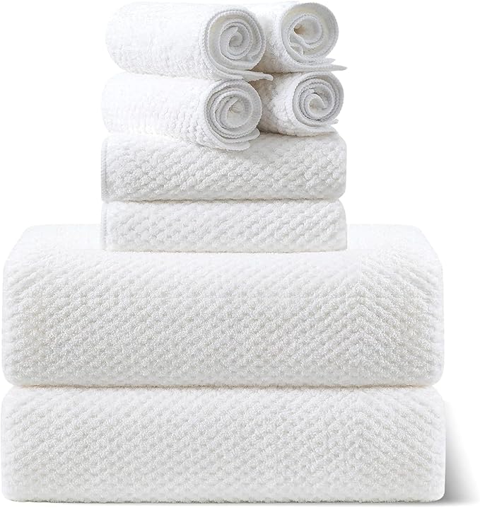 Smuge 8pcs Bath Towel Set, 2 Extra Large Bath Towel Sheets, 2 Hand Towels and 4 Washcloths- Highly Absorbent Microfiber,Ultra Soft Towel Set for Bathroom,Waffle Weave Design, Pack of 8 (White)