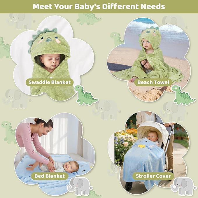 6 PCS Toddler Bath Towel Set for Boy Girl 0-5 Year, 2 PCS Thick Absorbent Hooded Baby Bath Towels Large 55" x 27.5" & 4 PCS Washcloths, Ultra Soft Gifts for Infant, Toddler, Kids, Dinosaur & Elephant