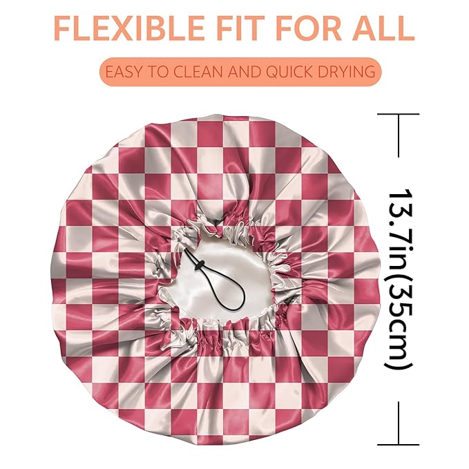Shower Cap Reusable Double Layer Adjustable Elastic Waterproof EVA Hair Bath Caps for Women Girls Cute Aesthetic-Pink Checkered