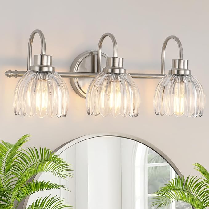 Bathroom Light Fixtures (3-Light, 20 Inch), Brushed Nickel Vanity Lights for Bathroom with Ribbed Clear Tulip Glass Shade, Vintage Vanity Wall Lights for Mirror Bedroom Living Room Hallway