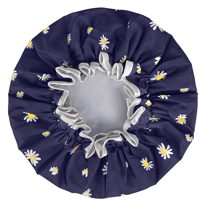 Waterproof Shower Caps for Women, Pattern And Solid Color Dual-Layer Design For Dual-Layer Usable, Protects Hair In Shower, Cooking, Spa, Clean & Travel (Daisy Blue)