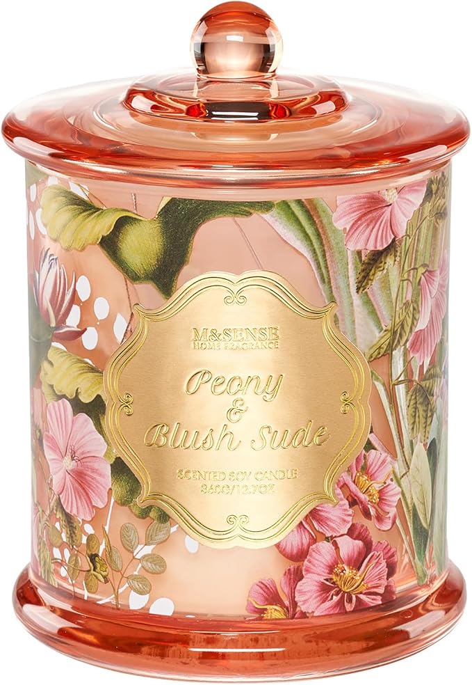 M&SENSE Peony Blush Sude Spring Floral Soy Candle, 12.7oz 75H Non-Toxic Large Jar Candle, Elegant Home Fragrance, Perfect Present for Mom Her