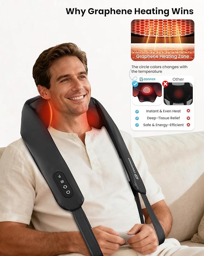 COMFIER Shiatsu Neck Massager with Heat - Cordless 4D Neck and Shoulder Massager for Pain Relief Deep Tissue, Graphene Heating, Trapezius Muscle Relaxer Massage Pillow, Black