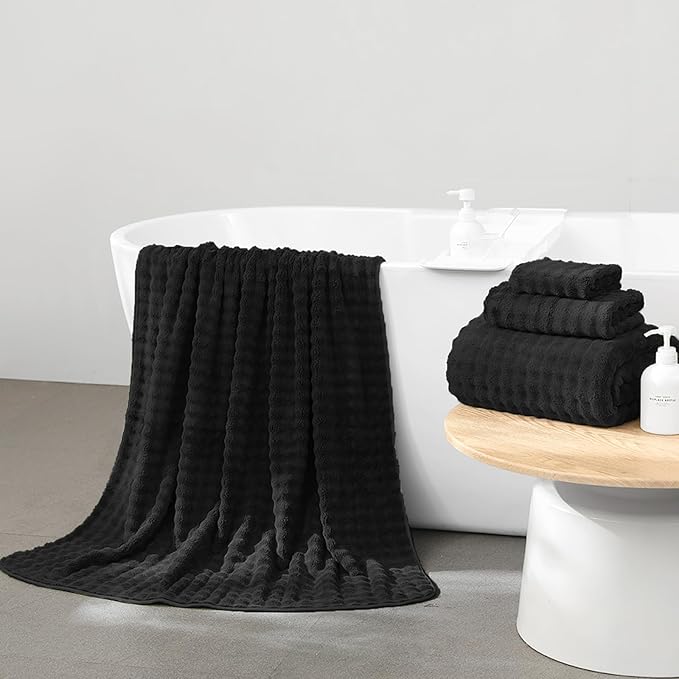 KBY Bath Towels Set 6 Piece 40x80 Inches，2 Extra Large Bath Sheets 2 Hand Towels 2 Washcloths，Highly Absorbent Quick Dry Microfiber,Ultra Soft Towel Set for Bathroom，Spa，Gym， Hotel (Black)