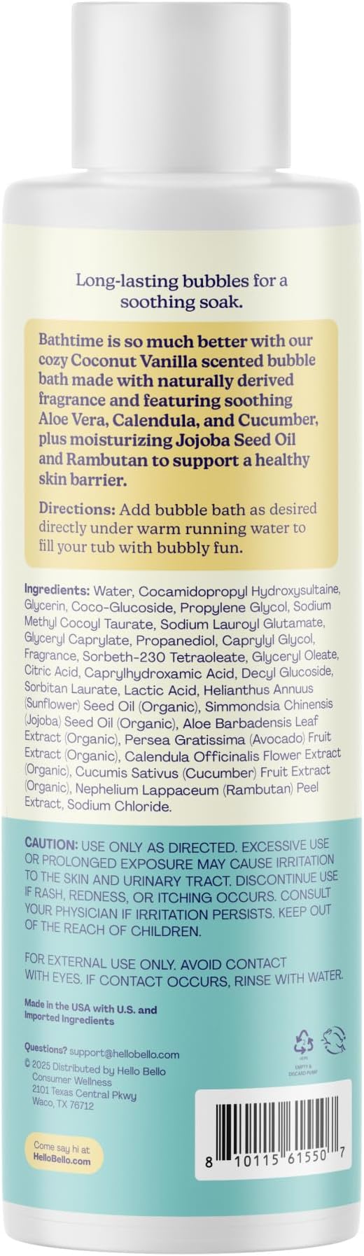 Hello Bello Baby Bubble Bath, Gentle Coconut Vanilla Scent, for Babies and Kids, 10oz Bottle