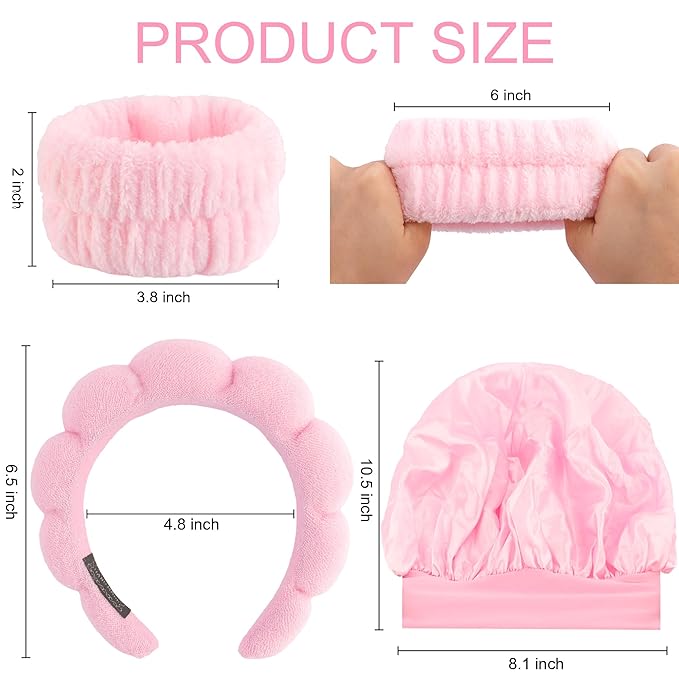 Pink Headband Hair Bonnet For Sleeping Shower Cap For Women Reusable Waterproof Skincare Head Bands Hair Accessories For Women Satin Bonnet Spa Headband Wrist Bands for Washing Face