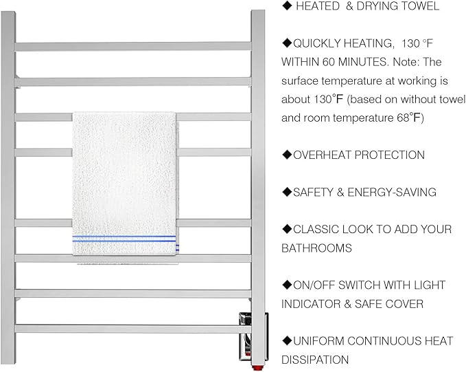 HEATGENE Towel Warmer, Heated Towel Warmer Rack, Wall-Mounted Hardwired/Plug-in Electric Towel Warmers for Bathroom, Hot Towel Rails - Mirror Polish