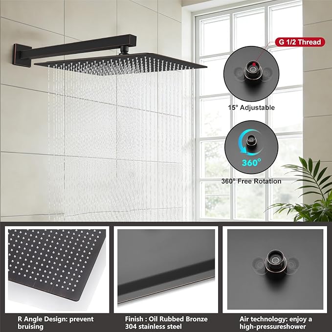 Midanya Shower System with Tub Spout,Bathtub Shower Faucet Set with Square Rainfall Head and Handheld Sprayer Wall Mount Tub Faucet Set with Valve and Trim Kit,16 Inch Oil Rubbed Bronze