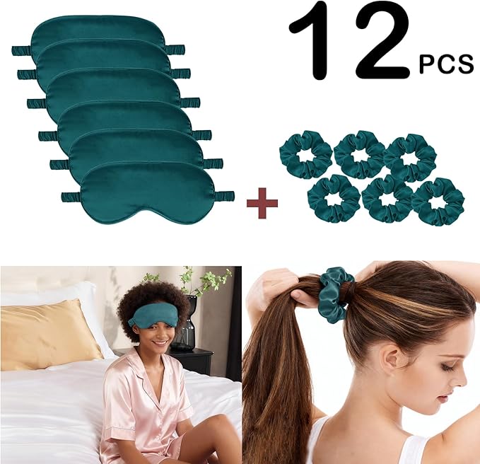 12Pcs Silk Sleep Masks Satin Eye Mask Silky Eyes Cover Blindfold Eyeshade Hair Ties Scrunchy Travel Bridesmaids Gifts