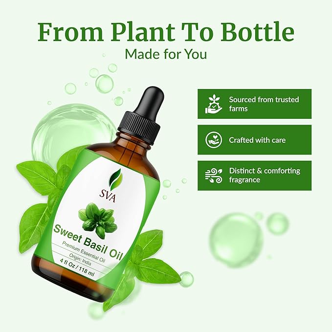 SVA Sweet Basil Essential Oil – 4 Fl Oz – 100% Natural Basil Oil - for Diffuser, Hair Care, Face, Skin Care, Aromatherapy, Scalp and Body Massage, Soap and Candle Making – with Dropper