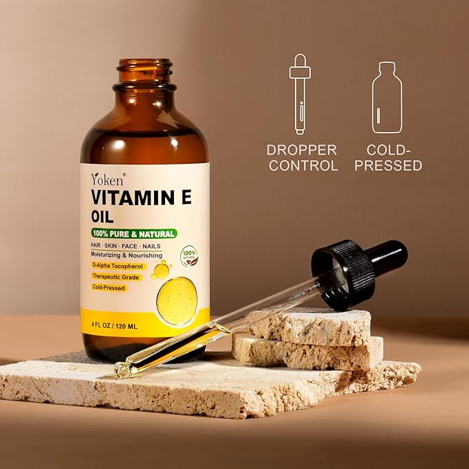 Yoken Vitamin E Oil 4 Oz Vitamin E oil for Skin Vitamine oils for Face Perfect Bath and Body Oil Cold Pressed Hexane Free Formula