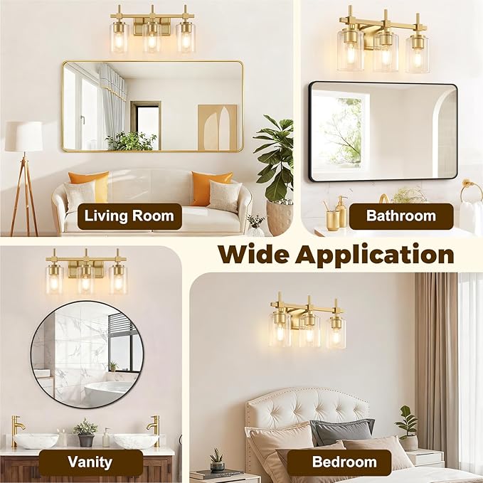 Asnxcju 3-Light Brushed Gold Bathroom Light Fixtures, Modern Gold Vanity Lights with Clear Textured Glass Shades for Mirror, Bathroom Wall Sconces Lighting for Kitchen Living Room Hallway Porch