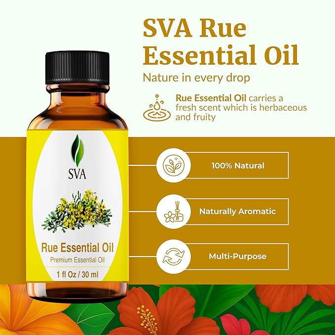 SVA Rue Essential Oil – 1 Fl Oz – 100% Natural Rue Oil - for Diffuser, Hair Care, Face, Skin Care, Aromatherapy, Scalp and Body Massage, Soap and Candle Making - with Dropper