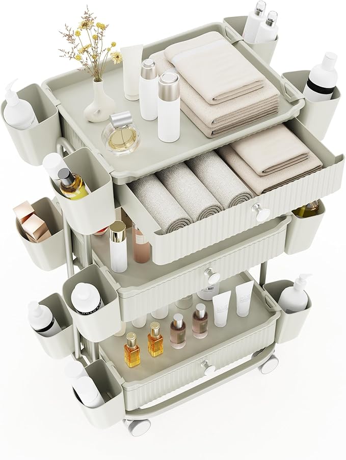 Dolonm 3 Tier Drawer Shelf Beauty Cart with 12 Movable Storage Organizer, Durable ABS, 360° Wheels for Salon Station for Hair Stylist, Beauty Salon, Spa Massage Parlor, Makeup Organizer - Beige Gray