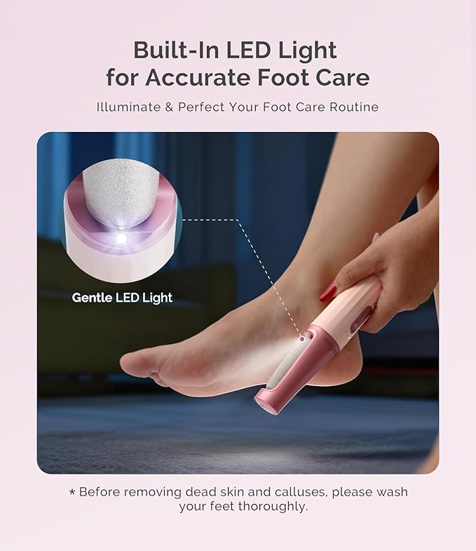 MelodySusie Electric Callus Remover for Feet, PC800G Waterproof Rechargeable Pedicure Tool with Light & 3 Different Grits Roller Heads & Adjustable Speeds, for Dead Skin & Cracked Heel (Pink Rose)