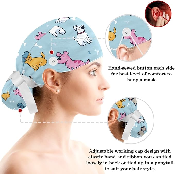 Scrub Caps Women Ponytail Cute Pink and White Leaves Caps Bouffant Working Hat Elastic Tie Back Hats with Button