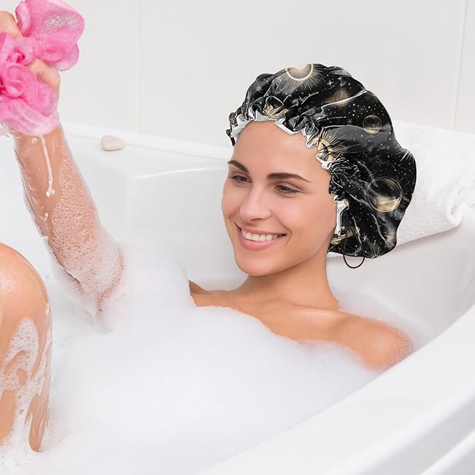 2 PCS Shower Cap Waterproof Double Layer Elastic Adjustable Reusable Hair Bath Caps for Girls Women Cute Aesthetic-Black 2