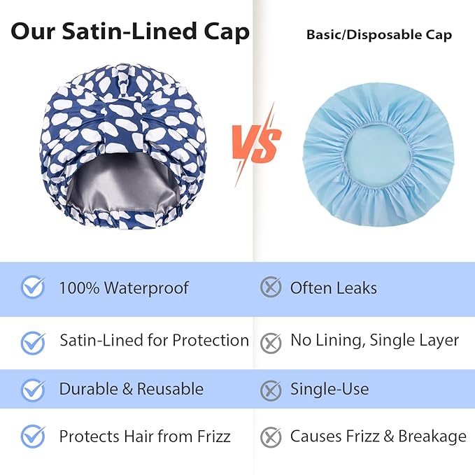 INNELO Luxury Shower Cap for Women Reusable Waterproof, Double Layered Shower Hair Cap with Adjustable Elastic Strap, Large Satin Lined Shower Bath Cap for Long Curly Straight Hair, Blue