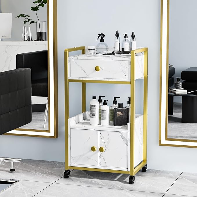 OmySalon Salon Trolley Cart, Esthetician Cart with Wheels & 1 Drawer Cabinet, Hair Stylist Cart for Beauty Spa Massage Tattoo Esthetic Facial Tool Holder Station, White Marble
