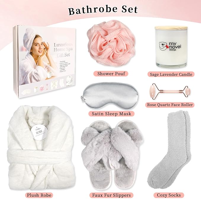 my novel things Birthday Gifts for Women,Spa Robe and Slippers Set, Bathrobe With Satin Sleep Mask, Scented Candle Self Care 7 Pack Suitable for Christmas Thanksgiven Day New Mom Gift