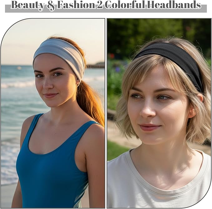 2 Pack Women Cotton Stretch Headband, Soft Breathable Hijab Cap, Wide Elastic Non-Slip Sweat Wicking Hair Band for Makeup Spa Sport Workout Running Daily Wear