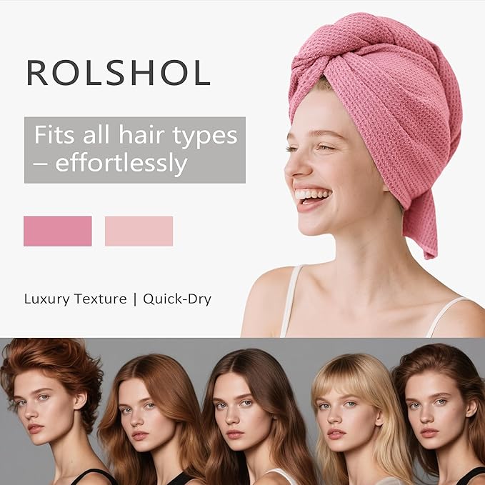 ROLSHOL 2 Pack Microfiber Hair Towel Wrap for Women, 32" x 11" Waffle Weave Hair Plopping Towel for Curly, Long & Thick Hair, Anti-Frizz Hair Turbans for Wet Hair (Light Pink,Coral Pink)