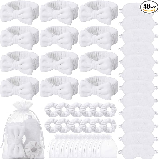 Mimorou 48 Pieces Spa Party Supplies Gift for Mother's Day 12 Spa Headband 12 Plush Sleep Eye Mask 12 Velvet Scrunchies 12 Organza Bags for Sleepover Slumber Party Graduation Gift(White)