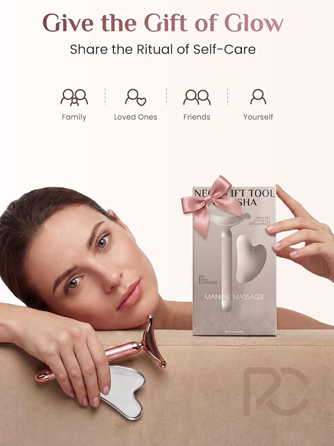 Rena Chris Gua Sha & Neck Lift Tool - Manual Face Massager & Jawline Sculptor for Puffiness - Handheld Stainless Steel Set for Skin Firming & Fine Lines