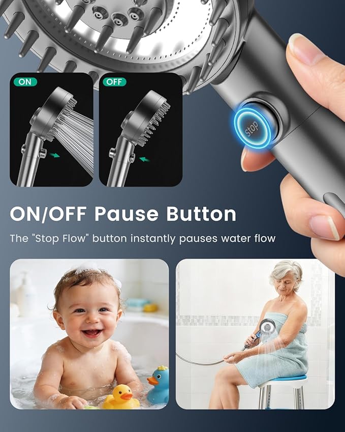 Ion Drops Filtered Shower Head with Handheld, High Pressure 4 Spray Mode Showerhead with Filters for Hard Water Softener, Handheld Shower Heads Filter with ON/OFF Switch for Pets (Gray)