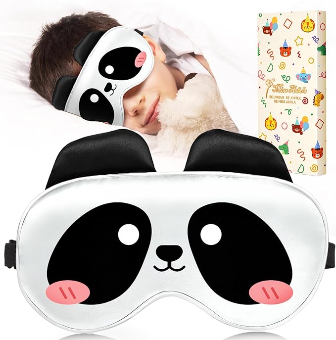 Miss Adola Sleep Mask for Kids - Valentines Gift for Kids Cute Silk Eye Cover for Sleeping Soft Kawaii Eyeshade Animal Eye Blindfold with Adjustable Strap for Girls Boys Teens, Panda