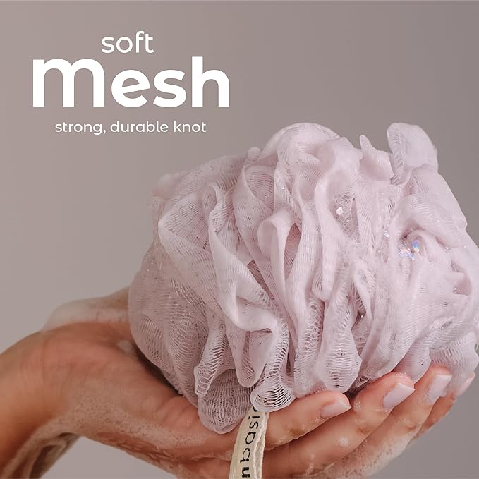 MainBasics Bath Shower Loofah Sponge Pouf Body Scrubber Exfoliator Body Wash Sponge (Set of 3, Perfectly Pink)