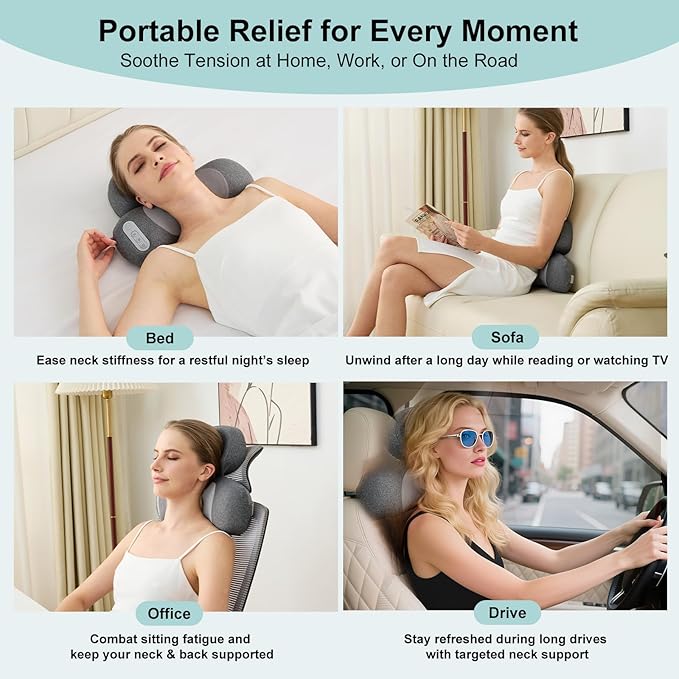 3-in-1 Neck Massager Pillow with Heat, 2-Speed Adjustable Deep Tissue Kneading Massage, Rechargeable Traction Massager for Home Office Travel
