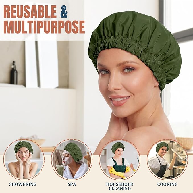 Reusable Shower Cap for Women, Large Waterproof Shower Bonnet with Elastic Band, Washable Bath Hair Cap for Long, Curly Hair, Braids, Daily Shower, Home Spa, Travel(Army Green)