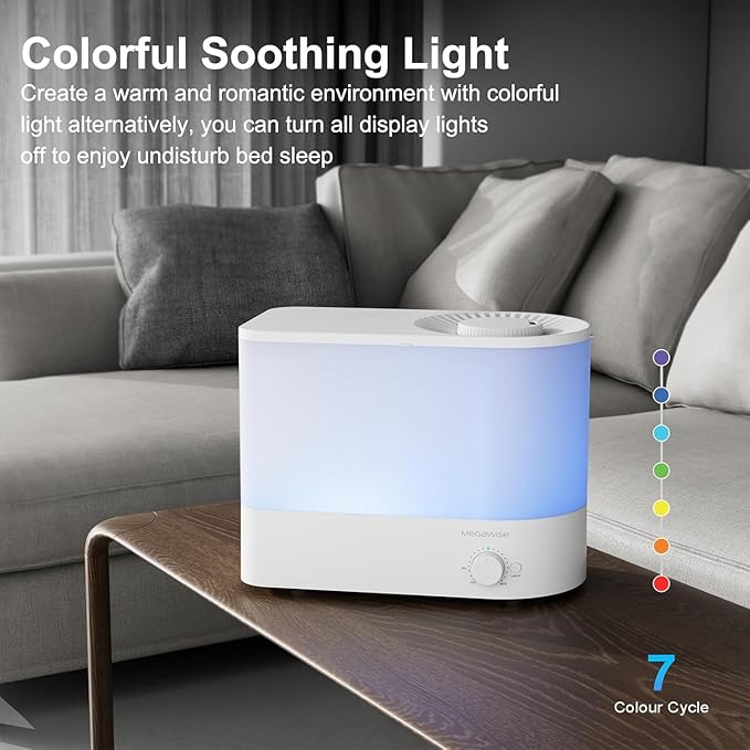 Megawise Cool Mist Ultrasonic Humidifier, Adjustable Mist Control, Quiet Operation, With a 6L top-fill tank and 50-hour runtime(White)