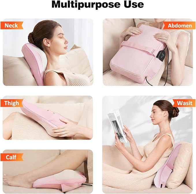 Boriwat Back Massager with Heat, Neck Massager for Pain Relief Deep Tissue, 3D Kneading Massage Pillow for Back, Neck, Shoulder, Legs - Pink