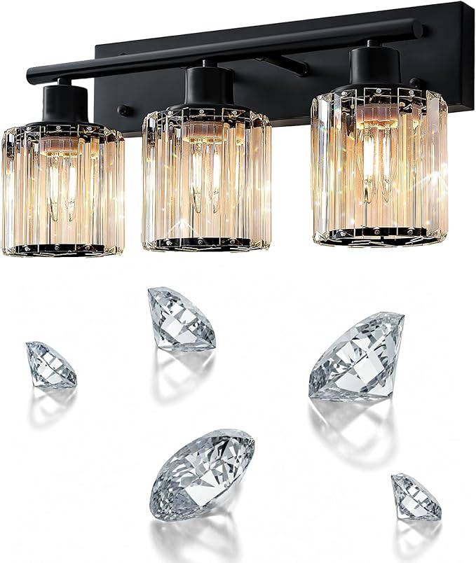 Vanity Light, 3-Light Modern Crystal Black Bathroom Light with 3 E26 Bulbs, Vanity Lights for Bathroom Bedroom Living Room Hallway