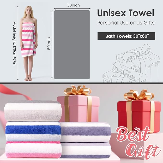 JML Microfiber Bath Towels,2 Pack(30" x 60"), Oversized, Soft, Super Absorbent, Fast Drying, Large Beach Towel Set for Sauna, Salon, Sports, Fitness, Yoga, Cabana Stripe Pink