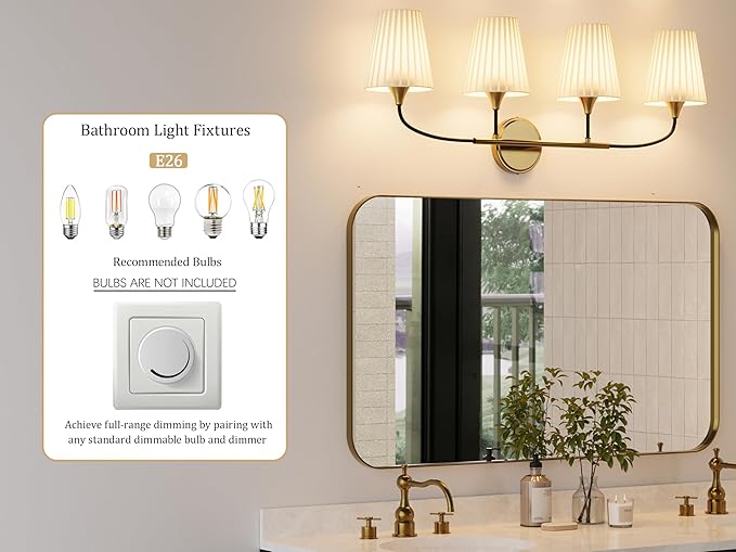 4-Light Bathroom Light Fixtures, Gold Bathroom Vanity Light Over Mirror, Modern Light Fixtures with Flared Fabric Shade for E26 Bulbs, Wall Sconce Light for Bedroom, Hallway with ETL