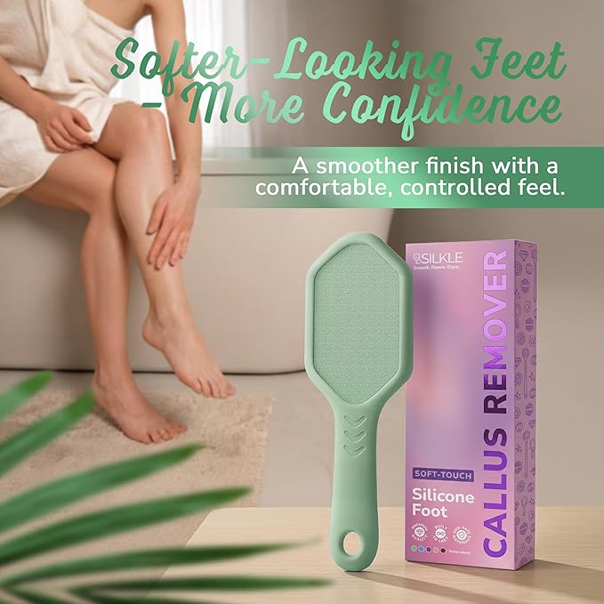 SILKLE Nano Glass Foot File - Silicone Foot Callus Remover for Feet and Cracked Heels - Heel Scraper for Dead Skin - Ergonomic Foot Scrubber & Exfoliator for Shower with Non-Slip Grip - Green