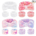 CIEHER 12 PCS Makeup Headband for Women Wrist Washband Scrunchies Cuffs for Washing Face, Soft Bow Hair Band Matching Wristbands, Colorful & White DIY Spa Headband Coral Fleece