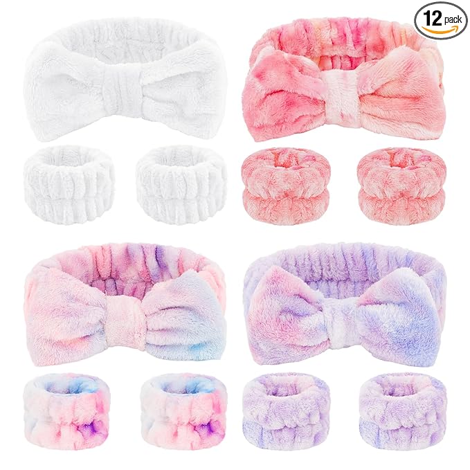 CIEHER 12 PCS Makeup Headband for Women Wrist Washband Scrunchies Cuffs for Washing Face, Soft Bow Hair Band Matching Wristbands, Colorful & White DIY Spa Headband Coral Fleece