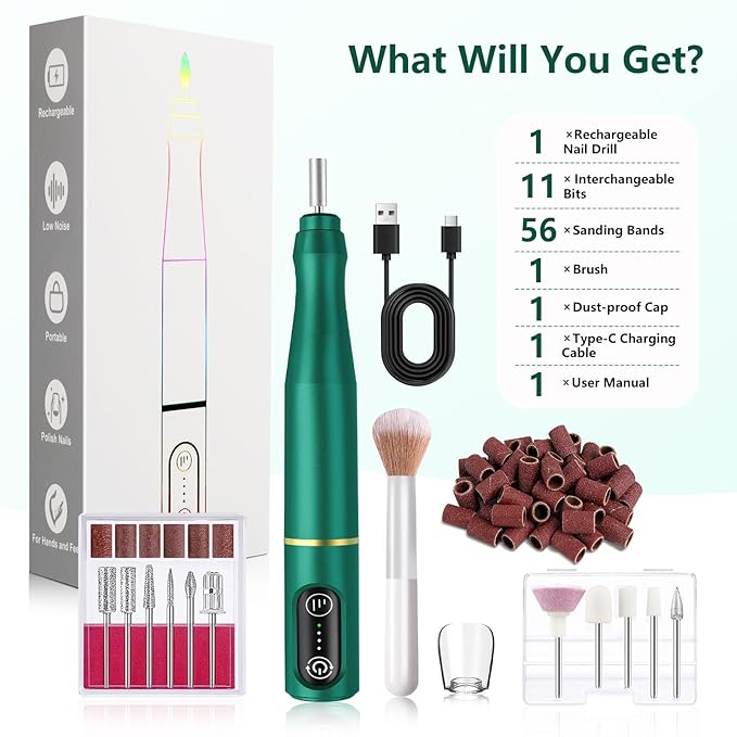 TUOBEO Cordless Nail Drill Electric Rechargeable File Kit, Professional Efile Acrylic Gel Nail Polish Remover Pedicure Manicure Machine Portable Set with 11 Bits 56 Sanding Bands Salon Blackish Green