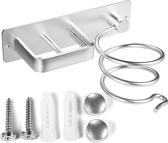 YUET Hair Dryer Holder Hairdryer Station Wall Mounted Shelf Bracket Straightener Stand Hanger Organizer Blow Storage with Cable Tidy Rack for Dressing Table Bathroom Aluminum Professional, Silver
