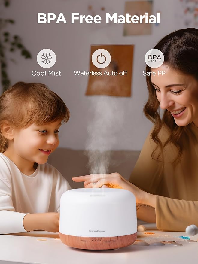 InnoGear 500ml Essential Oil Diffuser with Remote Control, Premium Ultrasonic Aromatherapy Diffusers Mother's Gift Scent Humidifier Vaporizer Auto-Off Timer for Large Room Home, Yellow