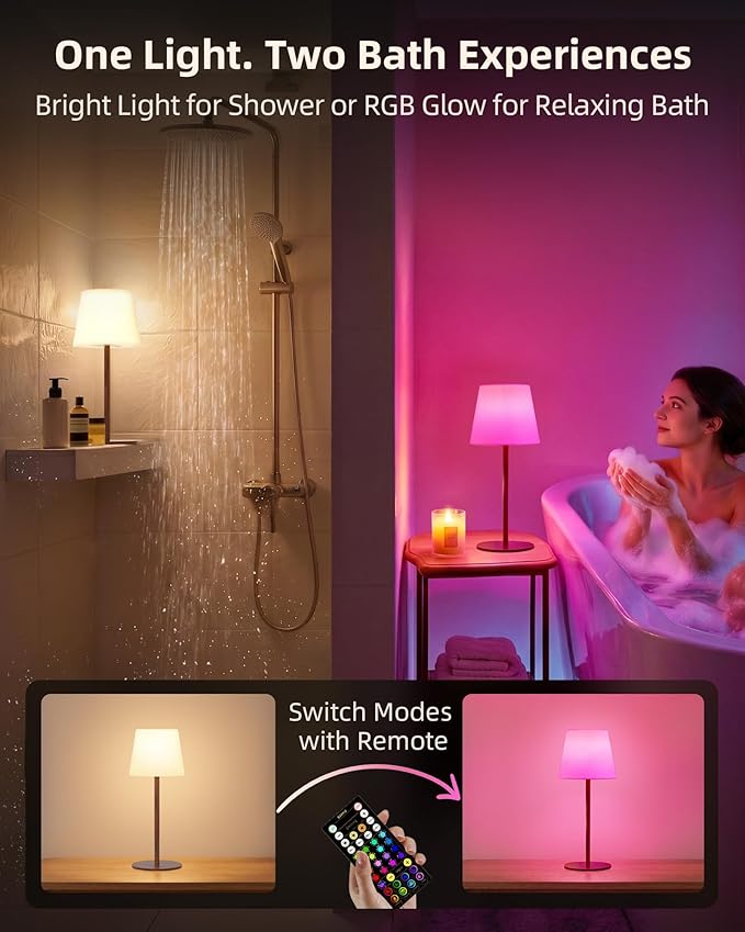 EZVALO Spa-Like Shower Lamp – Waterproof Bathroom Lamp with Remote, Rechargeable Cordless Mood Light, 3 Color Temps & 80 RGB Colors for Relaxing Bathroom & Bathtub Experience (2 Packs)